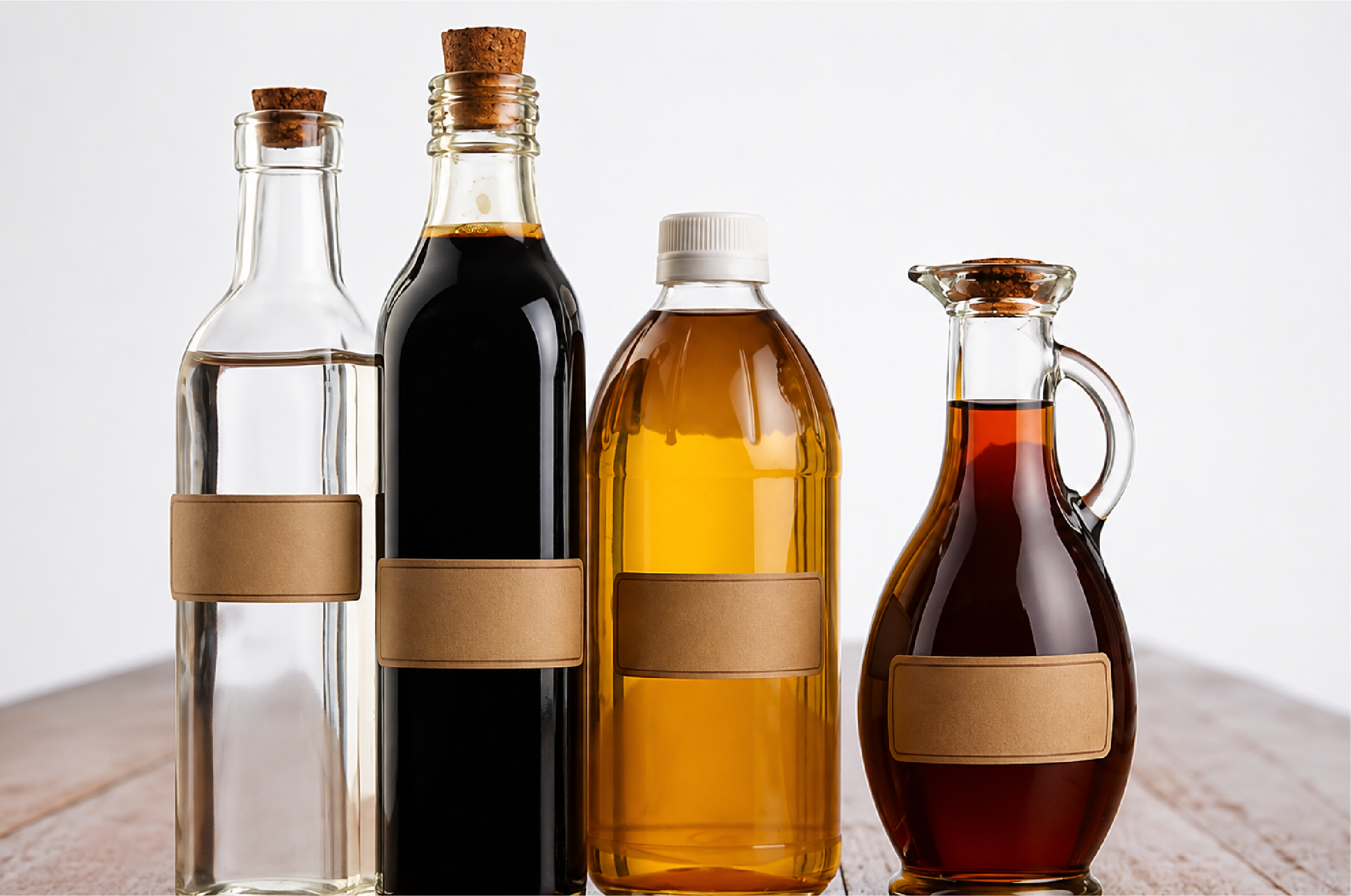 Glass bottles of industrial liquids on a work surface
